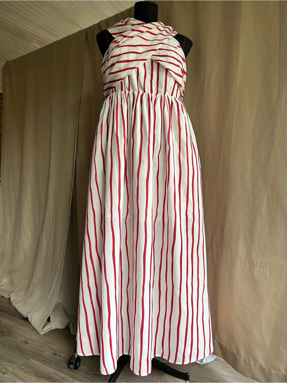 Striped Twist Halter Red and White Dress